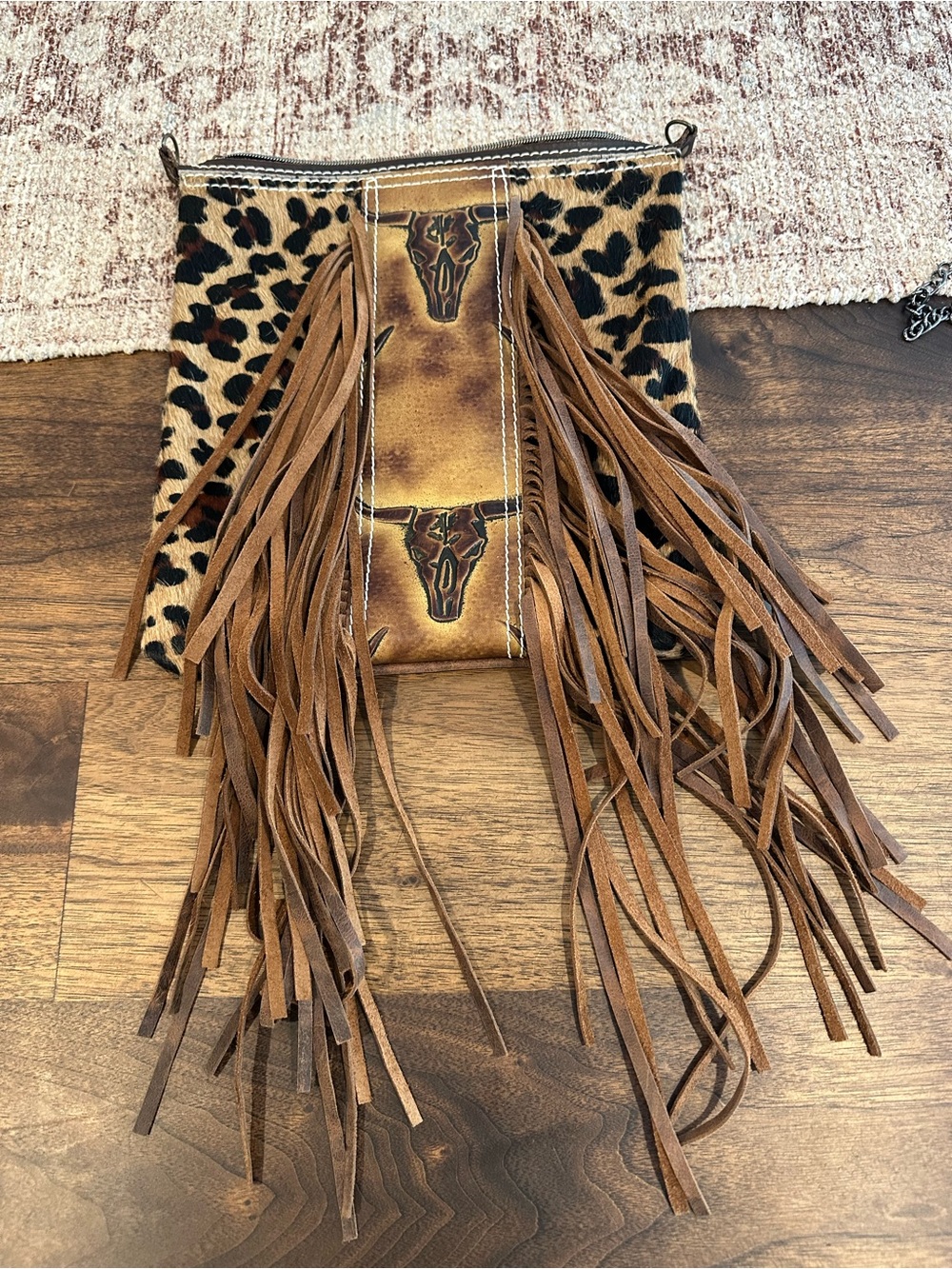 Western Fringe Leather Crossbody Leopard & Cowhide Bull Skull Bag.